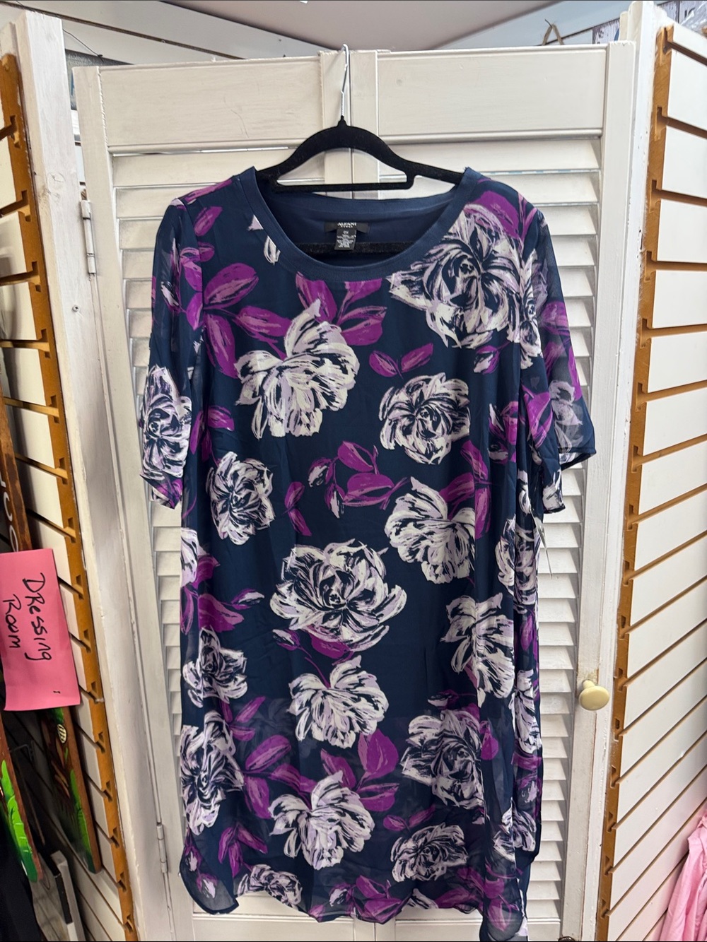 Alfani Navy Blue Floral Shift Dress with White and Magenta Flowers